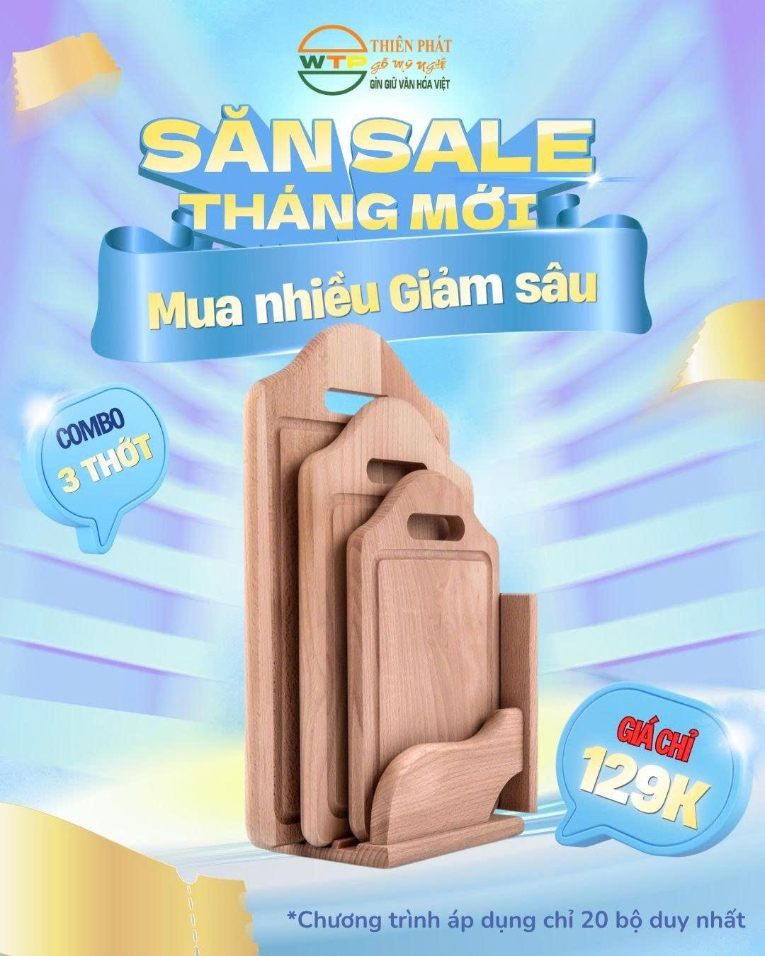 Combo Bộ 3 Thớt Gỗ Đa Năng Thiên Phát Kèm Giá Đỡ