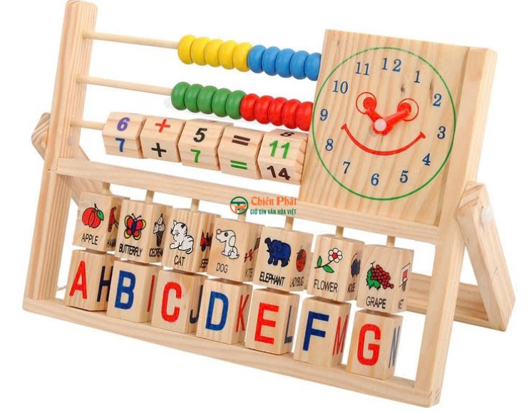 Bộ đồ chơi gỗ đa năng 4 trong 1 cho bé phát triển tư duy học toán, chữ cái, xem giờ